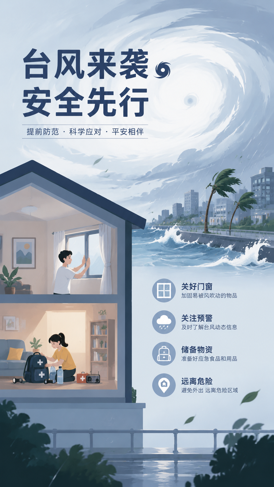 台风来袭减少外出动漫风手机海报