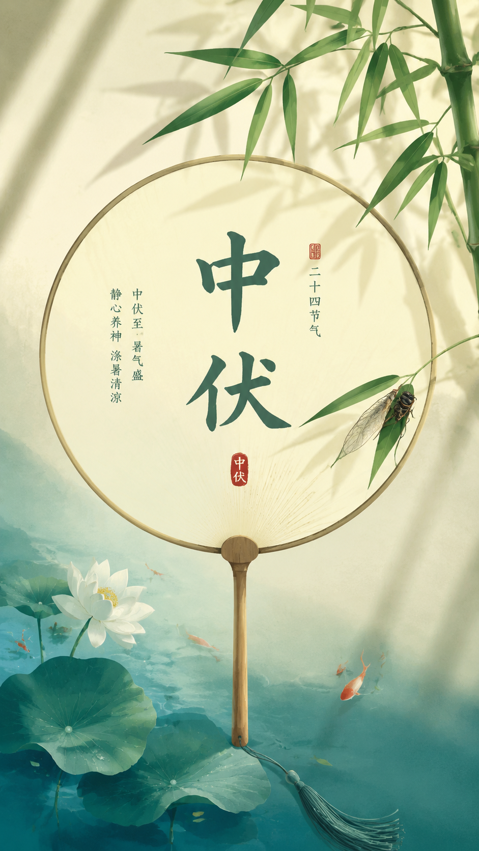 中伏安康国风团扇创意手机海报