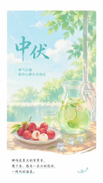 中伏静心水彩清新风手机海报