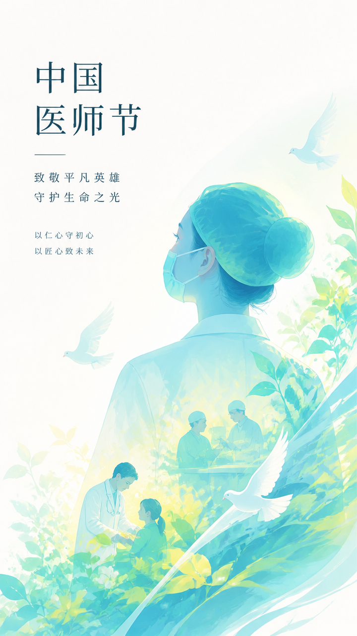 中国医师节感念仁医水彩风宣传手机海报