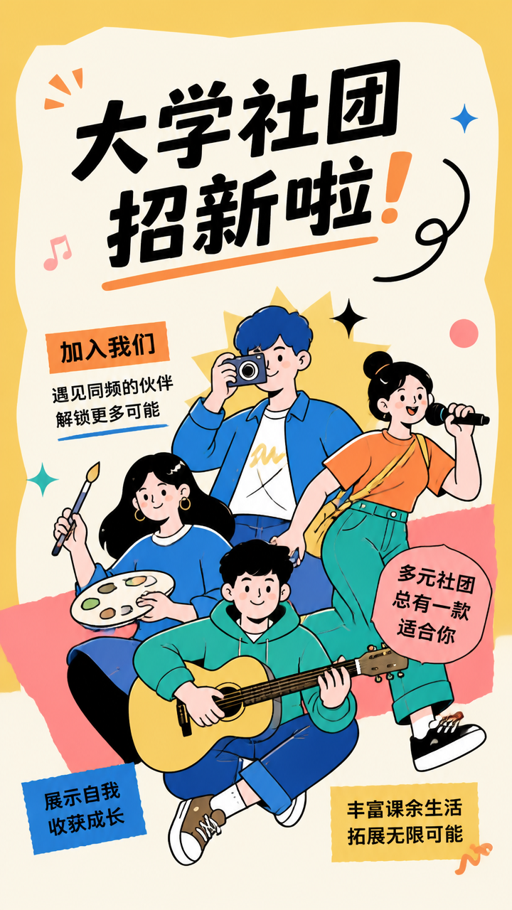 大学社团招新以趣会友创意手机海报