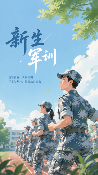 新生军训凝心聚力动漫风手机海报