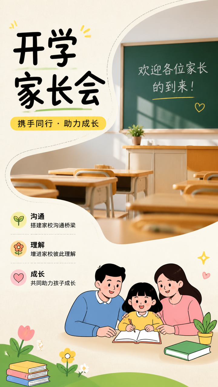 开学家长会规划新学期创意手机海报