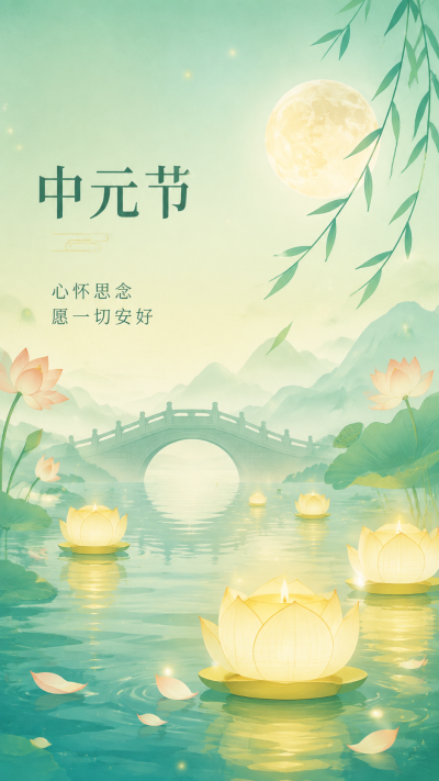 中元节心怀思念中元祈安手机海报