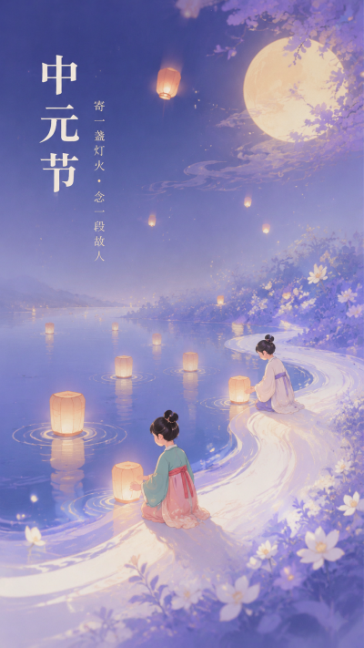 中元节传统习俗放河灯创意手机海报