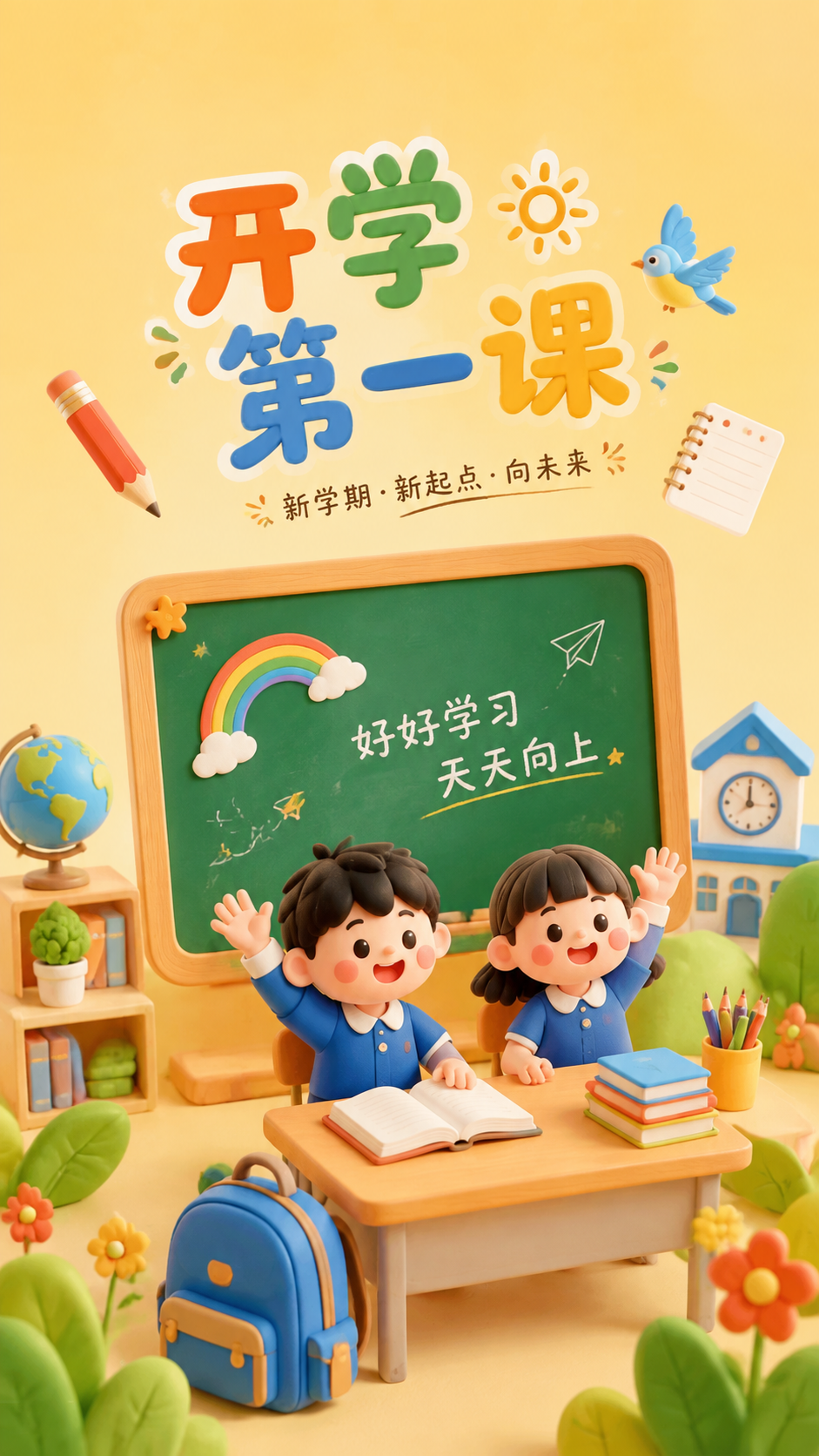 开学第一课勤学善思3D立体风手机海报