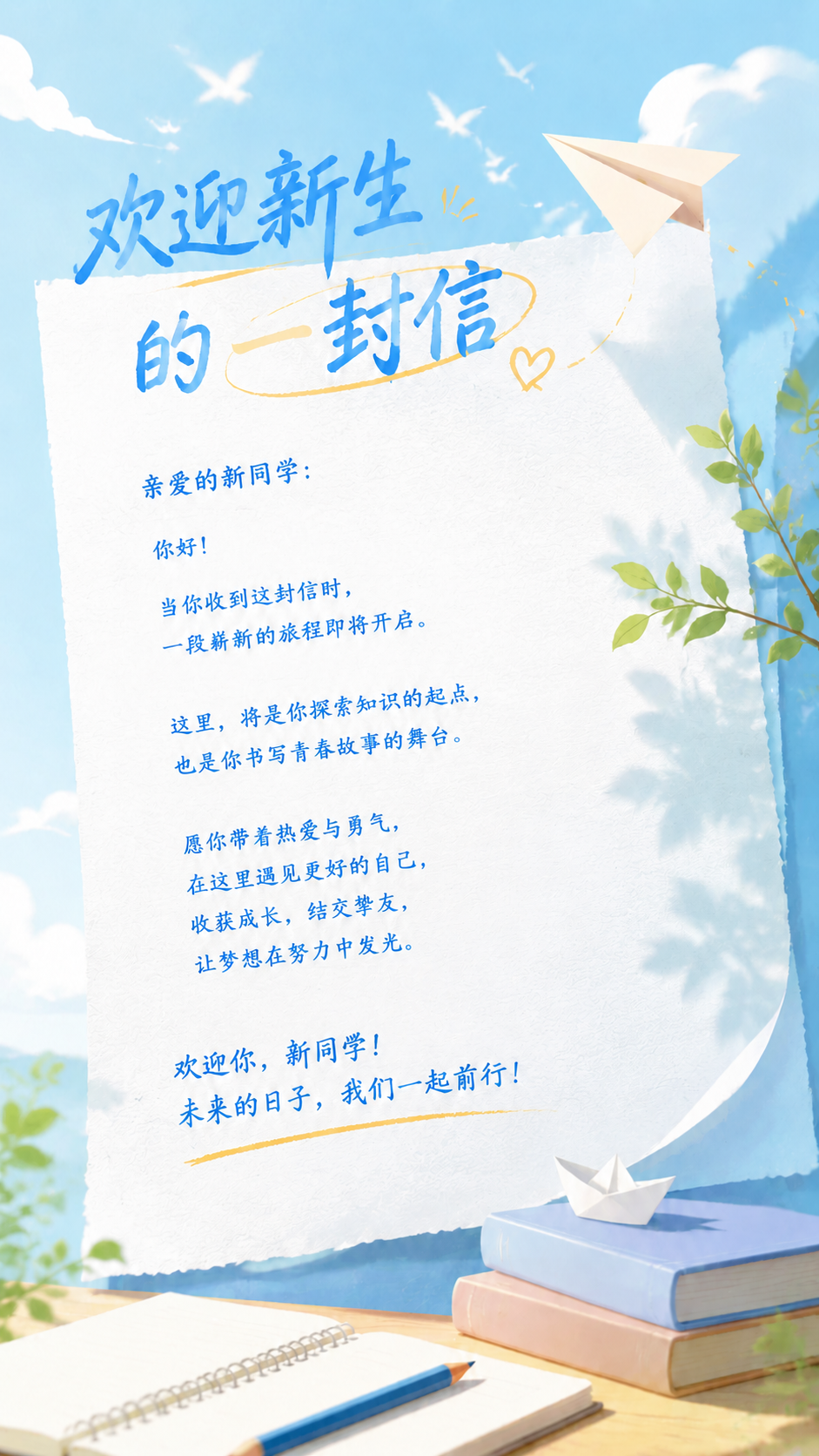 欢迎新生的一封信水彩风手机海报