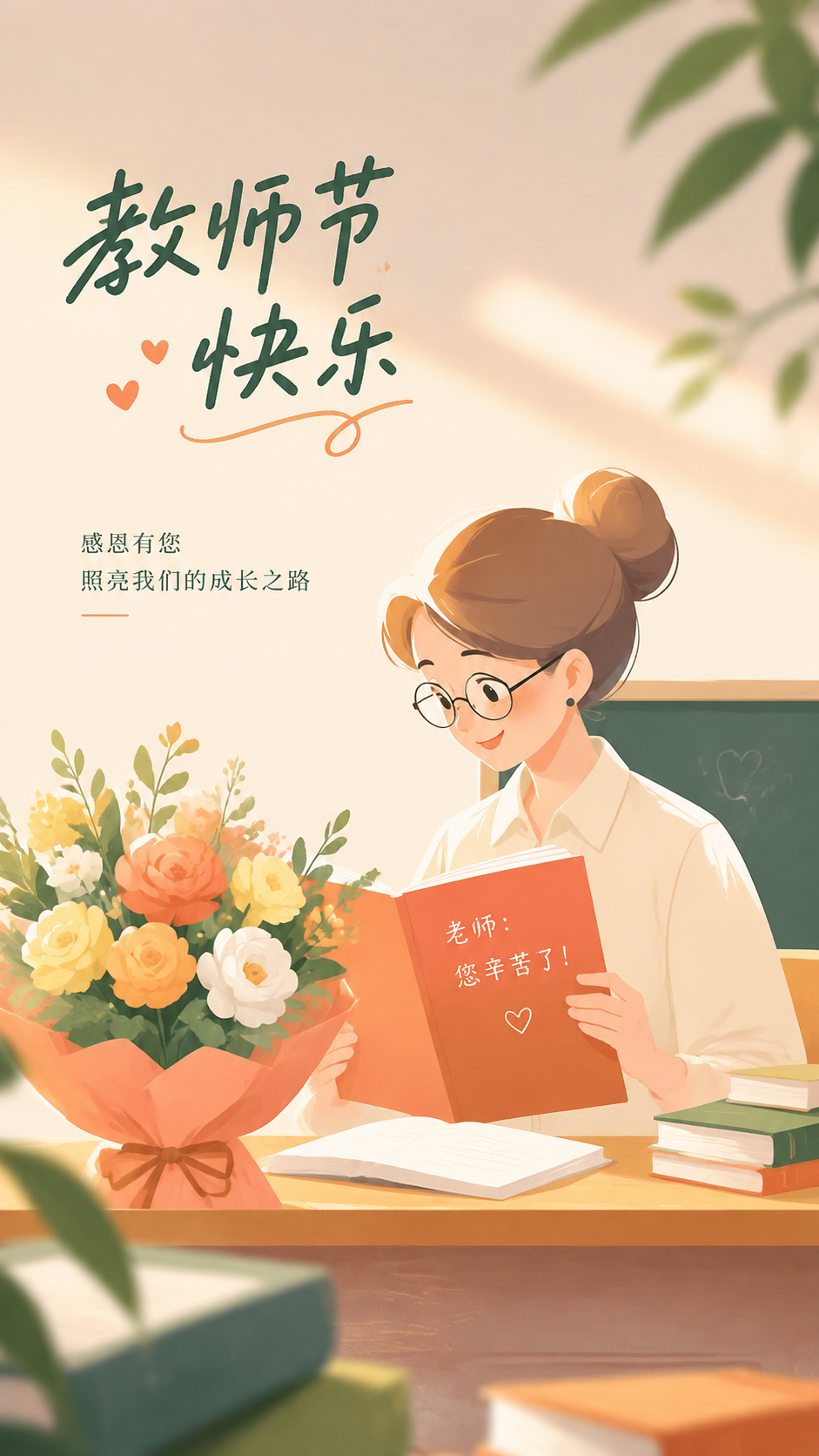 教师节永念师恩卡通风手机海报