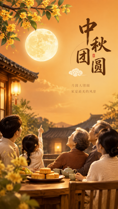 中秋阖家团圆国风创意手机海报