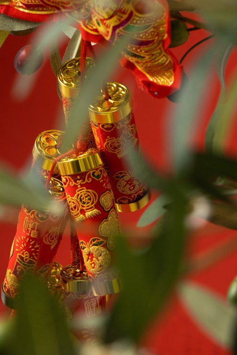 绿叶配红色鞭炮高清图版权图片下载
