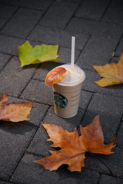 黄色枫叶秋季落叶星巴克饮品图
