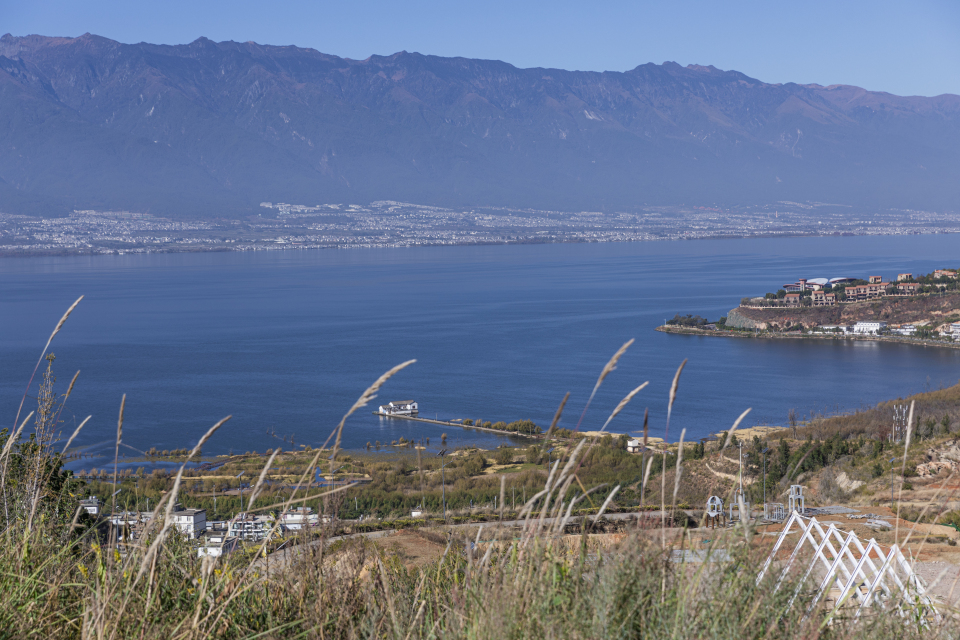 高山流水芦苇湖面风光图