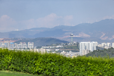 近景绿化远山风力发电高清图