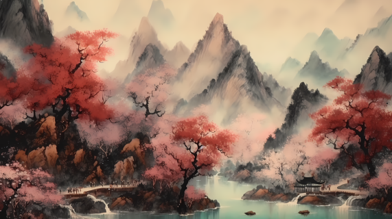 樱花山水水墨山水画高清图