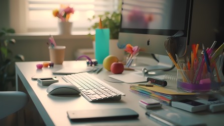 简约整洁的电脑办公桌面摄影图片