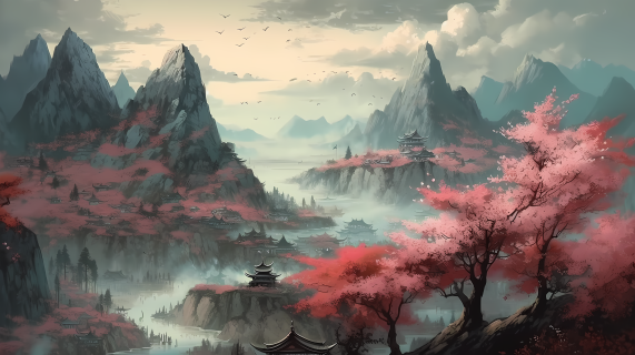 雄伟的山河远处的小凉亭高清图