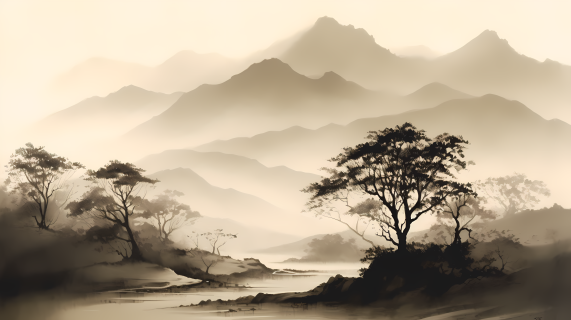 山雾苍茫自然美景水墨图