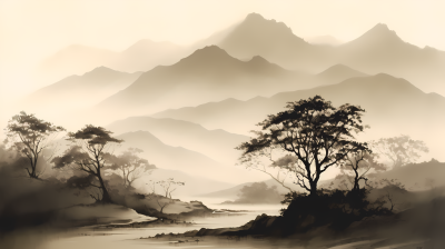 山雾苍茫自然美景水墨图