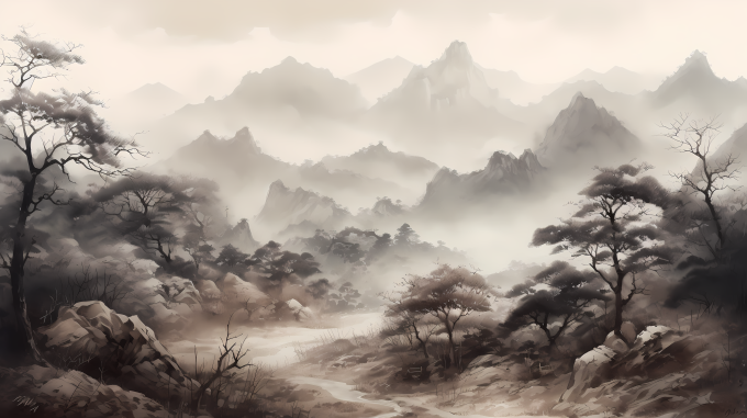 山峦远望晨雾弥漫水墨图