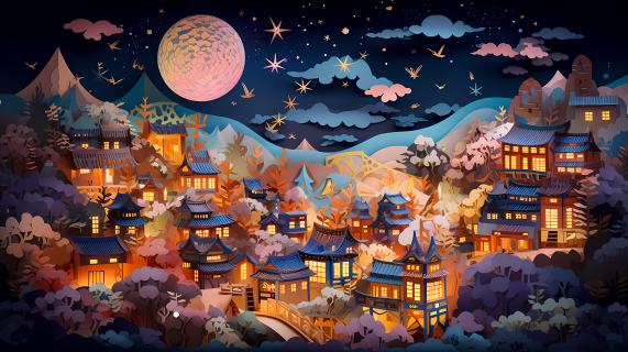 梦幻星空下的纸艺剪纸摄影高清图