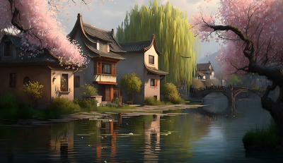 江南柳絮桃花水乡