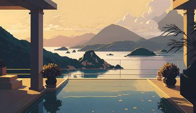 露天泳池傍晚美景图片