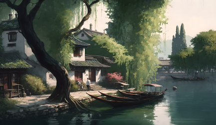 江南水乡画卷湖边小屋