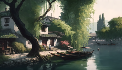 江南水乡画卷湖边小屋