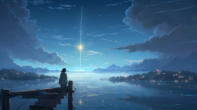 星空下独自坐在小栈桥上的女孩高清图