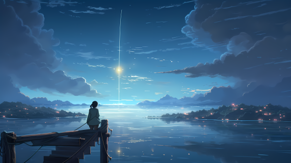 星空下独自坐在小栈桥上的女孩高清图