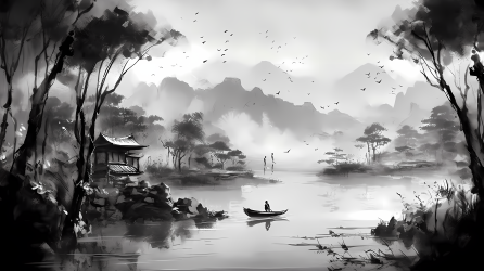 水墨画春意盎然摄影图片