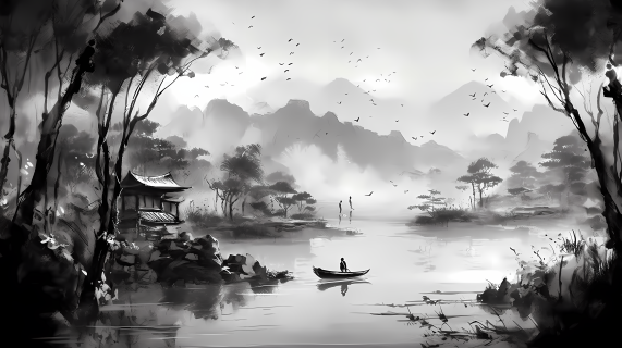 水墨画春意盎然摄影图片