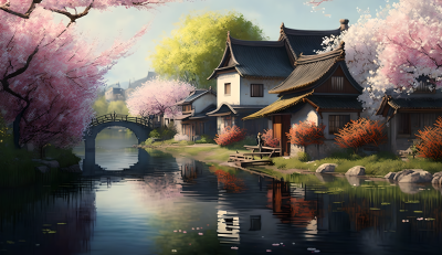 自然生态柳絮桃花水乡