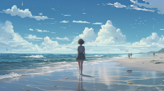 漫画风蓝色海边风景图