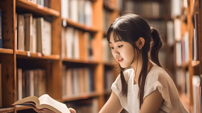 图书馆里的少女低头阅读图片