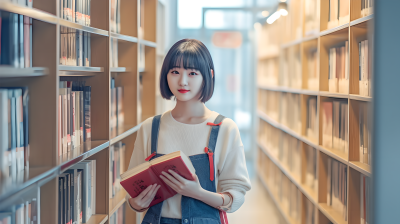 图书馆内的亚洲年轻学生手持书本