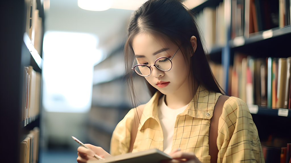 书架旁女孩阅读图书版权图片下载