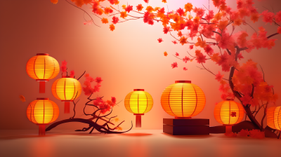 梅花枝头的传统灯笼高清图