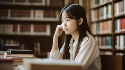 正在图书馆里思考的女生高清图
