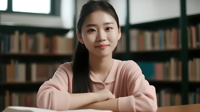 书香女子凝视镜头微笑高清图