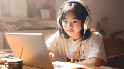 年轻少女笔记本前听音乐图片