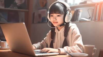 亚洲女孩戴耳机电脑前摄影图片
