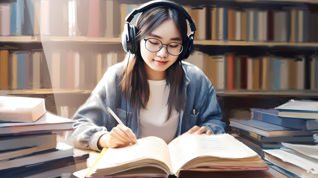 戴耳机的华丽女学生在学习区域照片版权图片下载