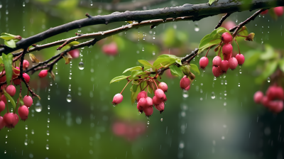 樱花绽放下的雨滴摄影图