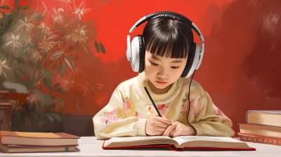 红色背景下的戴耳机小女孩风摄影图片
