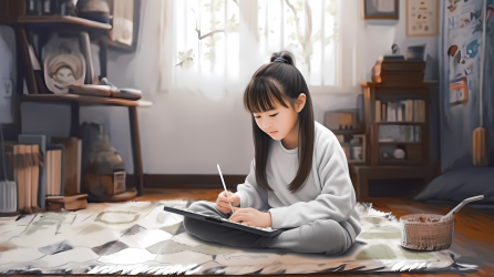 小女孩坐在地毯上用平板画画的摄影图