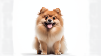 博美犬在白背景前静坐摄影图片