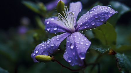 紫花上的蓝色雨滴梦幻浪漫摄影图