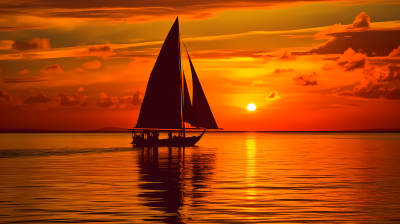 红黄晚霞下帆船径行摄影图