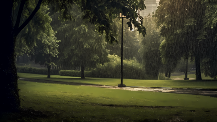 雨落在草坪上的暗光效果田园风景摄影图